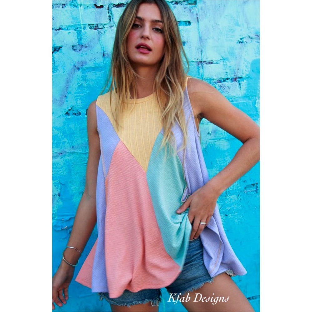 ❤️LAST! Multi Color Soft Color Block Waffle Knit Out-Seam Overlock Top! - Picture 2 of 8